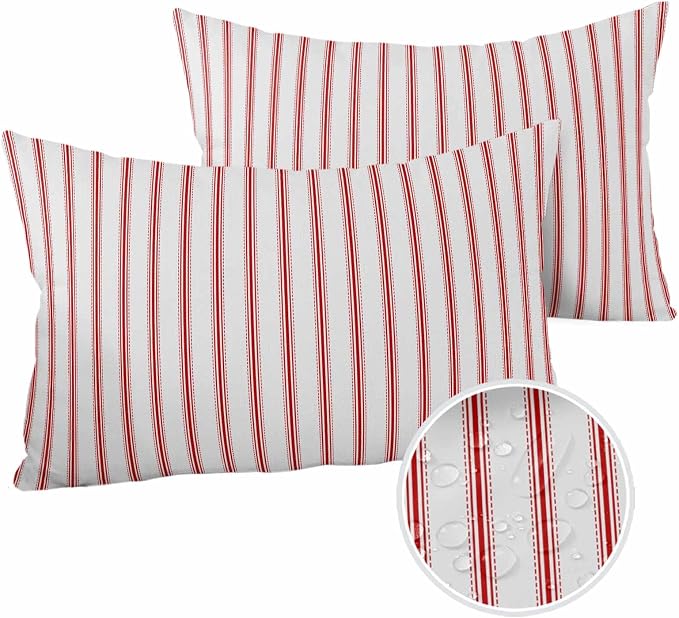Outdoor Waterproof Throw Pillow Covers Set of 2 Red Stripes Lumbar Pillowcases 20x12 Inches Red Beige Vertical Striped Patio Decorative Pillows Cushion Case Patio Pillows for Couch Bed Chair Garden
