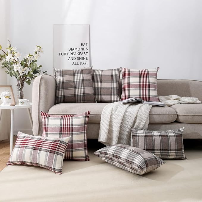 Brown Plaid Farmhouse Checkered Throw Pillow Cover 20x20 for Bed Couch Sofa | Set of 2, Fall Winter Pillow Covers 20 x 20, Cottage Core Decor, Retro Accent Pillow Covers, Khaki Gingham Striped, No Insert