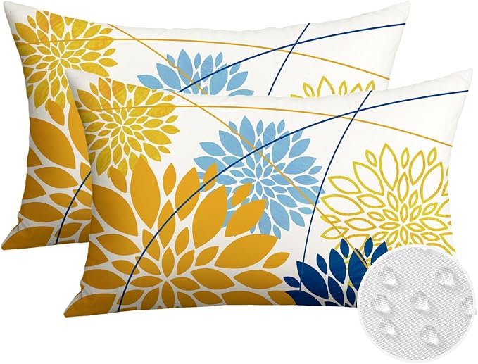 OTOSTAR Outdoor Golden Light Blue Pillow Covers 12x20 Inch Set of 2 Dark Blue Flower Throw Pillows Geometric Dahlia Floral Lumbar Cushion Case Waterproof Decor for Sofa Patio Funiture Garden