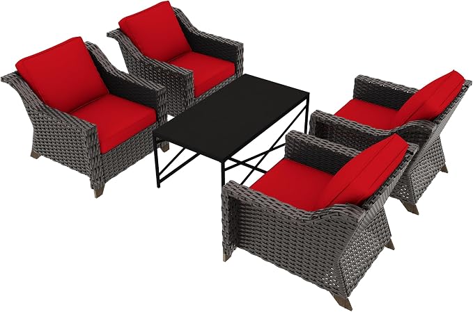 5 Pieces Outdoor Conversation Furniture Set - 4 PE Rattan Armchairs, 1 Metal Coffee Table, Patio Wicker Furniture Set with Water-Resistant Cushions for Swimming Pool, Sunroom (Red)
