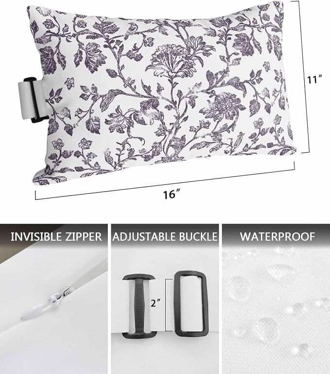 Pack of 4 Outdoor Lumbar Pillow Covers 11x16 Inch, Purple Flower Waterproof Throw Pillow Covers Set, Vintage Farmhouse Boho Leaf Spring Plant Indoor&Outdoor Cushion Cases for Patio Porch Beach