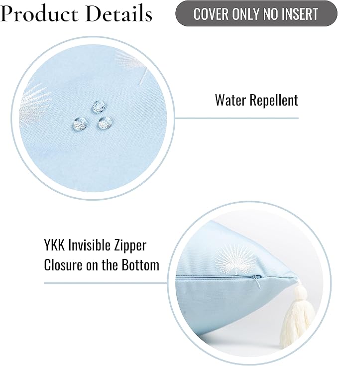 Hofdeco Premium Coastal Hampton Style Patio Indoor Outdoor Throw Pillow Cover Only, 18"x18" Water Repellent Summer for Backyard, Couch, Baby Blue Embroidered Palm Leaf Tassel