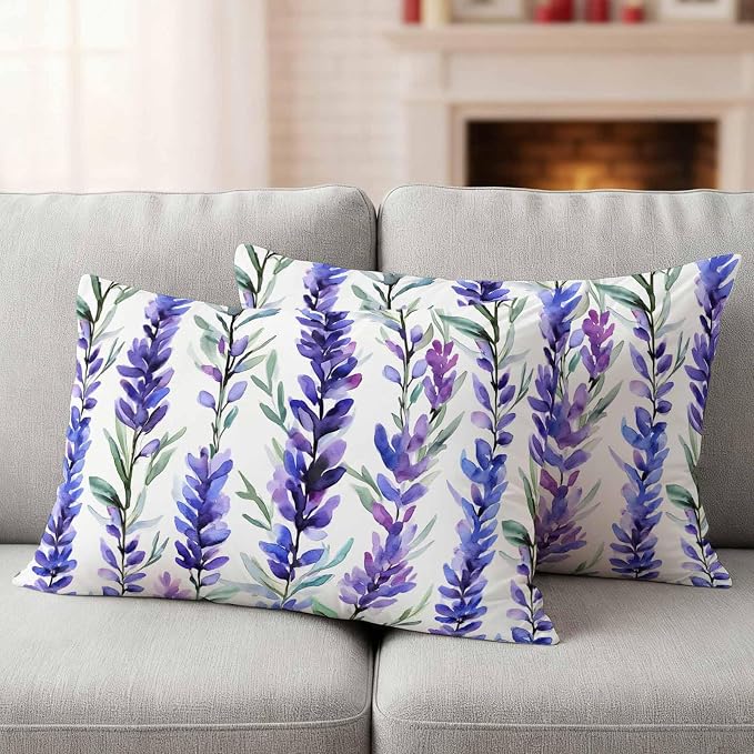 Outdoor Waterproof Pillow Covers 20x12Inch Spring Purple Lavender Throw Pillowcases for Patio Garden Couch Sofa Watercolor Floral Art Decorative Cushin Case,Pack of 2