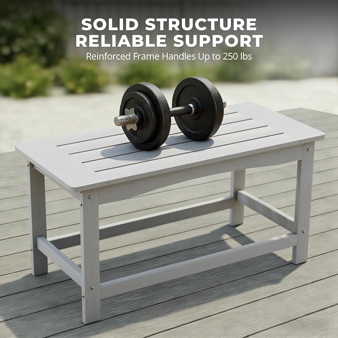 White Outdoor Coffee Table for Patio 35.4 x 17.5 x 16.1 Poly Lumber | 250 lb All-Weather HIPS Rectangle Patio Table, Stainless Steel Hardware, 1-Year Warranty for Deck Balcony Porch Poolside