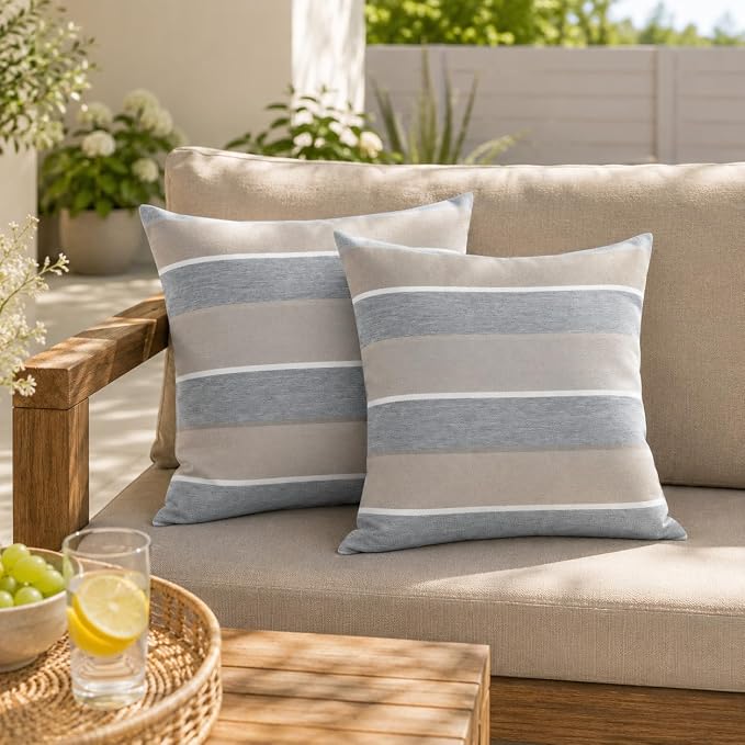 FUNHOME Outdoor Throw Pillows 18x18 inch,Decorative Throw Pillow with Insert Set of 2,Water Resistant Pillow for Patio Furniture Sofa Couch Chair(Gray Stripe)