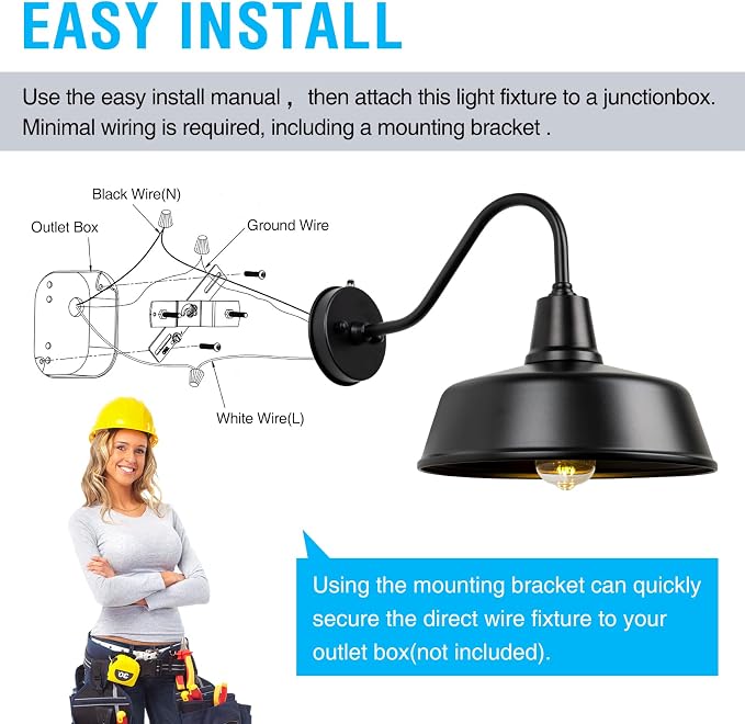 Gooseneck Barn Light, 12.6" Dusk to Dawn Black Outdoor Wall Sconce | Weatherproof Steel Exterior Large Lighting Fixture, E26 Base, Easy DIY Install for Porch, Garage, Barn, Farmhouse(1 PC)