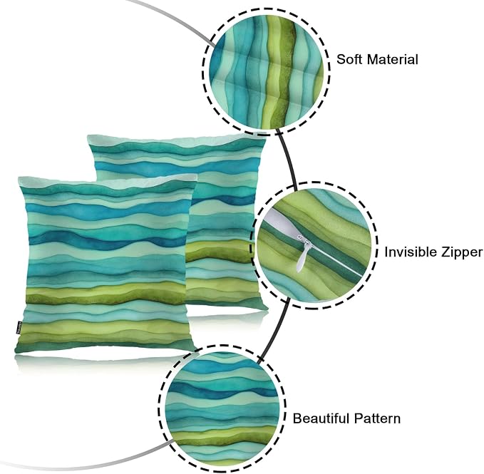 Swono Home Decorative Throw Pillow Covers Blue Green Waves, Watercolor Striped Wavy Marble Set of 2 Modern Pillow Case Cushion Cover for Sofa Couch Bed Farmhouse Pillows Covers Decor 18x18 Inch