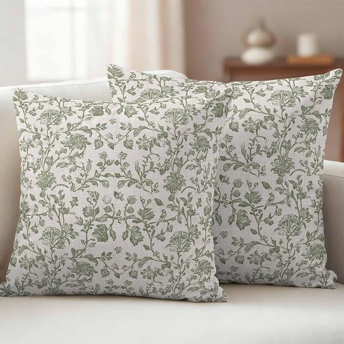 Pastoral Flowers Outdoor Pillow Covers 20"x20" Set of 2, Green Flower Vintage Linen Texture Waterproof Throw Pillow Covers for Patio Furniture, Decorative Cushion Covers for Porch