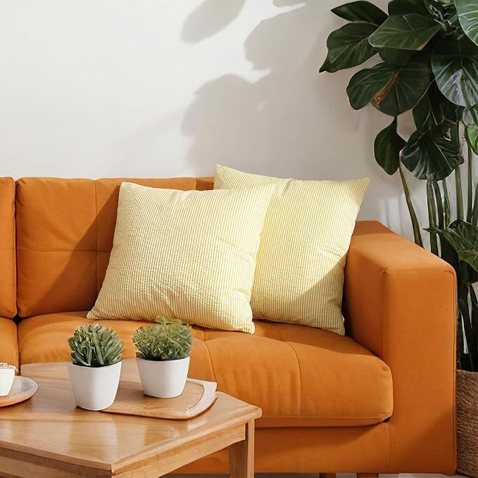 Huhumy Yellow Throw Pillow Cover 18" x 18" for Home Decoration Striped Modern Style Decorative Cushion Covers No Inserts Seersucker Pillow Cover for Living Room, Chair, Bed, Couch, Set of 4