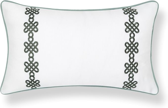 Hofdeco Premium Coastal Hampton Patio Indoor Outdoor Lumbar Pillow Cover Only, 12"x20" Water Repellent for Backyard, Couch, Poolside, Celadon Green Embroidered Chinoise Lucky Knots