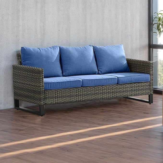 Luxury Wicker Outdoor Couch Patio Sofa - 3 Seater Rattan Outdoor Patio Couch Water Resistant,Comfortable Cushions and Sturdy Metal Frame for Outside Porch Deck Backyard Garden(Mixed Grey/Blue)