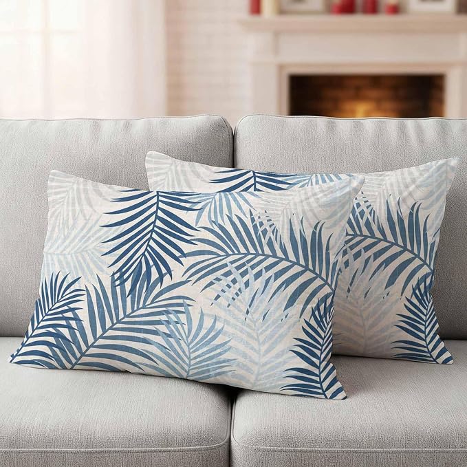 Outdoor Waterproof Throw Pillow Covers, Blue Grey Palm Leaves Decorative Pillow Cases, Summer Botanical Tropical Leaf Couch Pillow Protector Patio Sofa Cushion Covers Replacement 20"x12" 2 Pack
