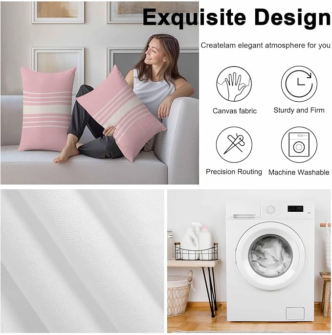 Lumbar Pillow Covers 20x12 Inch Set of 2, Pink Beige Striped Waterproof Outdoor Cushion Covers, Modern Farmhouse Retro Lines Decorative Pillowcases for Couch, Sofa, Bed, Garden, Patio