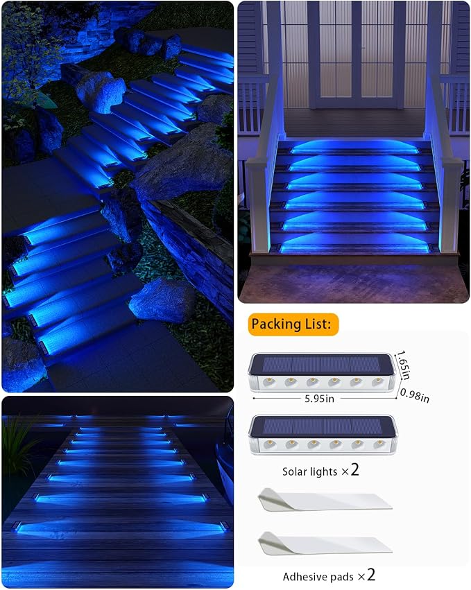 DetarZinLED Solar Step Lights for Outside, 2 Pack Solar Stair Lights, Blue Outdoor Deck Light Waterproof, Outdoor Light Solar Powered for Deck, Dock, Pathway, Porch, Path, Ground, Backyard