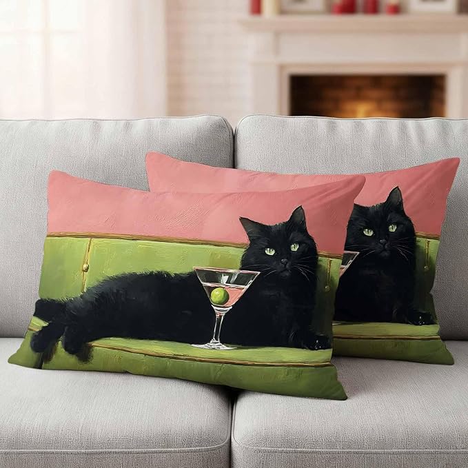 Funny Cat Outdoor Pillow Covers 20x12 Inch Lumbar Pillow Covers Set of 2 Waterproof Decorative Throw Pillow Cases Vintage Wine Animals Green Pink Cushion Covers for Patio Furniture Garden Couch