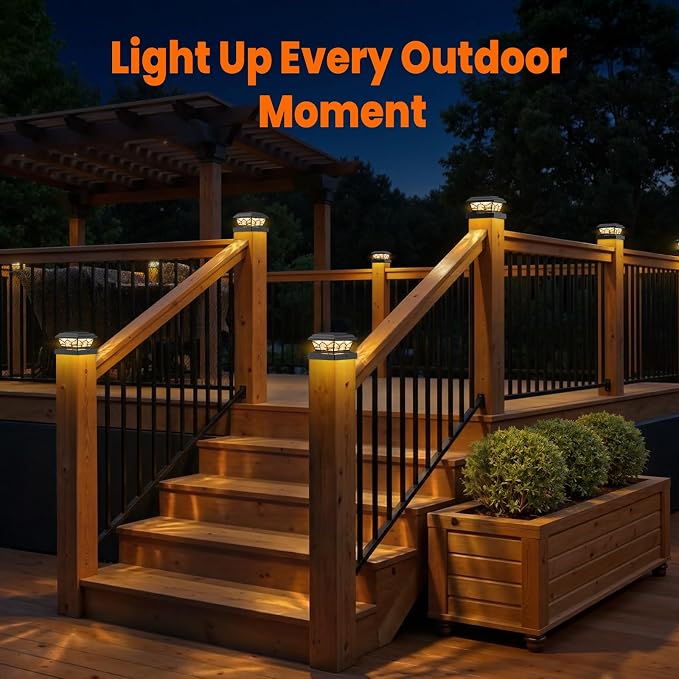 4x4 3.5x3.5 Solar Post Cap Lights 4-Pack Black | 2 Modes (Warm/Cool White), 16LEDs, for Wooden/Vinyl Posts, IP65 Waterproof, Outdoor, for Fence, Deck, Patio, Yard, Porch
