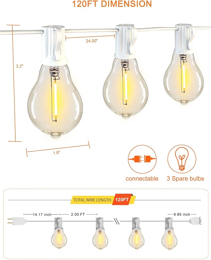White Outdoor String Lights 120FT Waterproof Lighting for Patio Wedding | 2FT Bulbs Spacing,120FT Connectable White Outdoor Lights with 63 Plastic Dimmable LED Bulbs for Garden Bistro Balcony Party