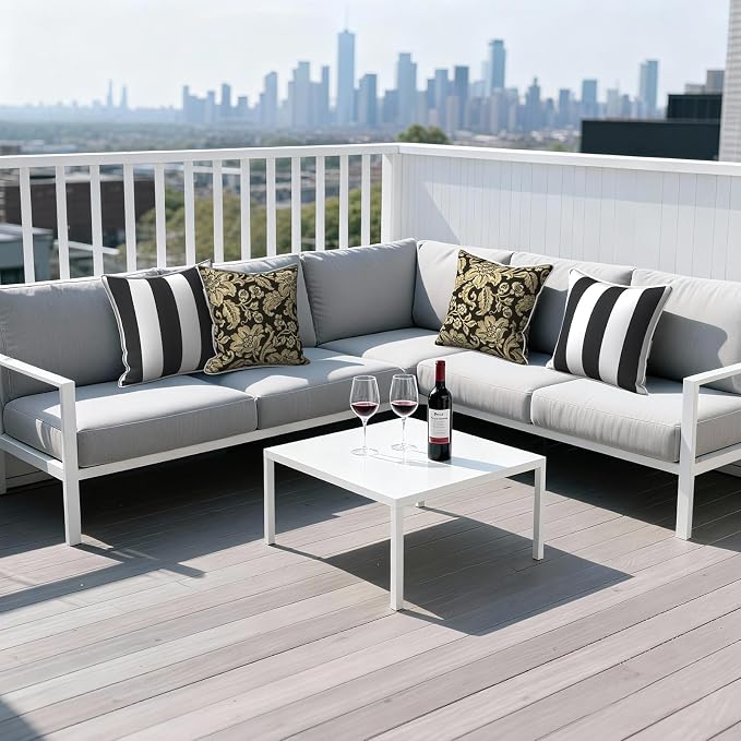 Outdoor Throw Pillows Inners, Fade Resistant Patio Furniture Square Pillows with Piping Set of 2 for Patio Furniture, 18x18 Inch, Cabana Black