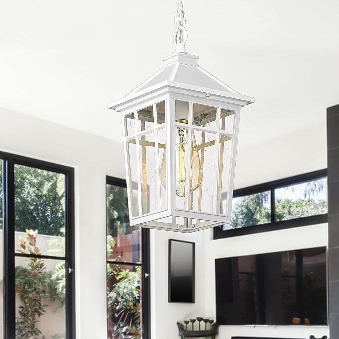Darkaway Outdoor Pendant Light Fixture, Outdoor Hanging Light Porch Lights Fixtures Anti-Rust Waterproof Aluminum with Seeded Glass for Porch Entryway Doorway Farmhouse White