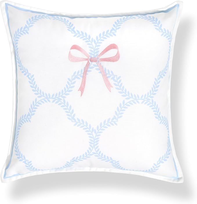 Hofdeco Premium Coastal Grandmillennial Patio Indoor Outdoor Throw Pillow Cover Only, 20"x20" Water Repellent for Backyard, Couch, Poolside, Baby Blue Pink Embroidered Ribbon Bow Tie on Leaves