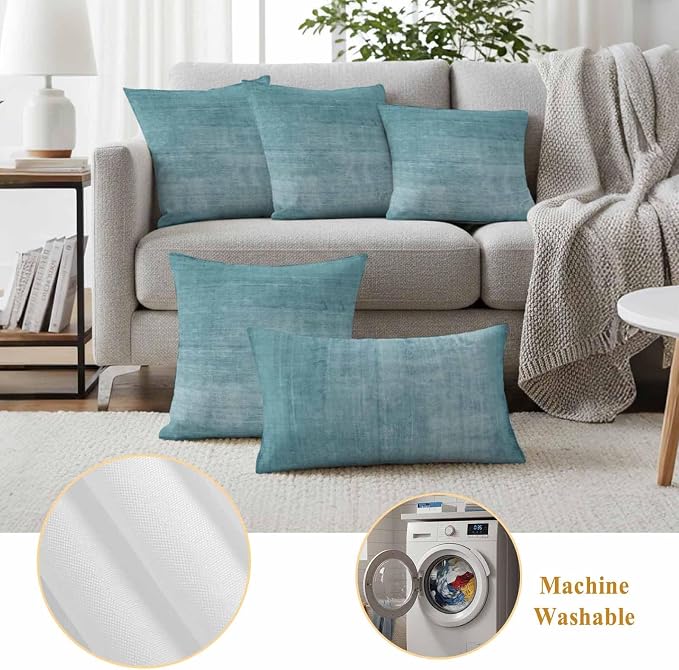 Vandarllin Outdoor Throw Pillows Covers 18x18 inch Set of 2 Waterproof Turquoise Linen Decorative Zippered Cushion Covers for Patio Furniture, Solid Color Texture Lumbar Pillowcases