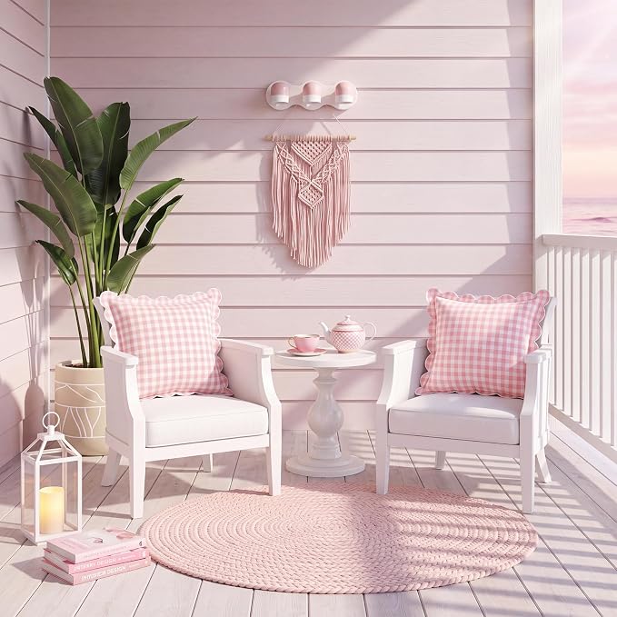 Gingham Scalloped Throw Pillow Cover 20"x20",Pink