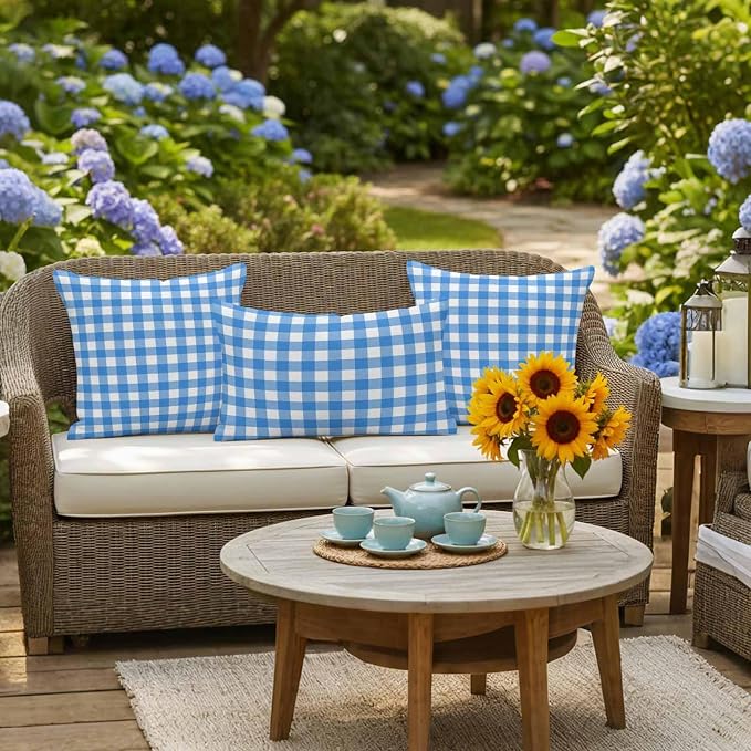 Sky Blue Checks Outdoor Pillow Covers 16"x16" Set of 2, White Gingham Plaid Abstract Modern Coastal Waterproof Throw Pillow Covers for Patio Furniture, Decorative Cushion Covers for Porch