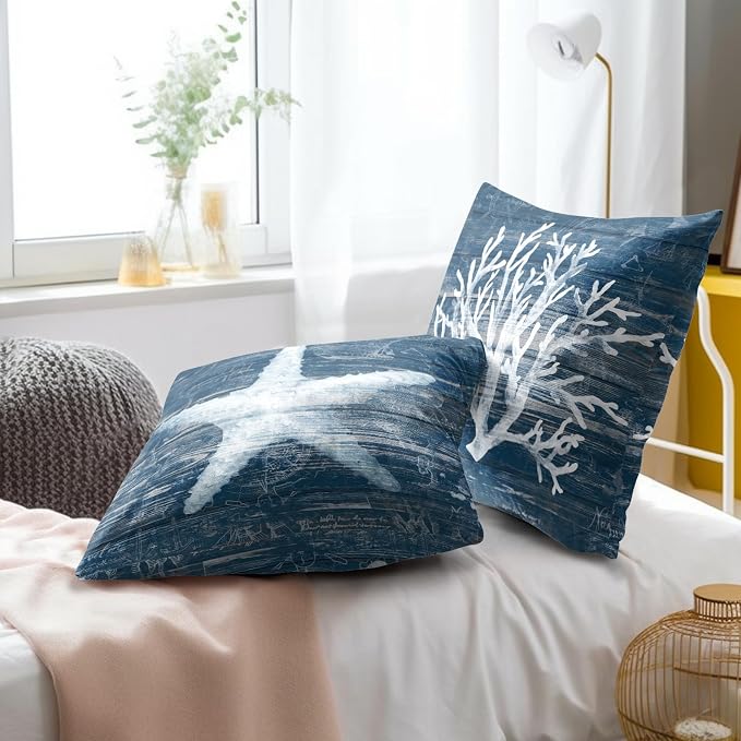Summer Coastal Pillow Covers 18x18 Inch Set of 2, Rustic Starfish Coral Navy Blue Wood Board Printed Cotton Square Pillowcases for Couch Sofa Living Room Beach House Decor