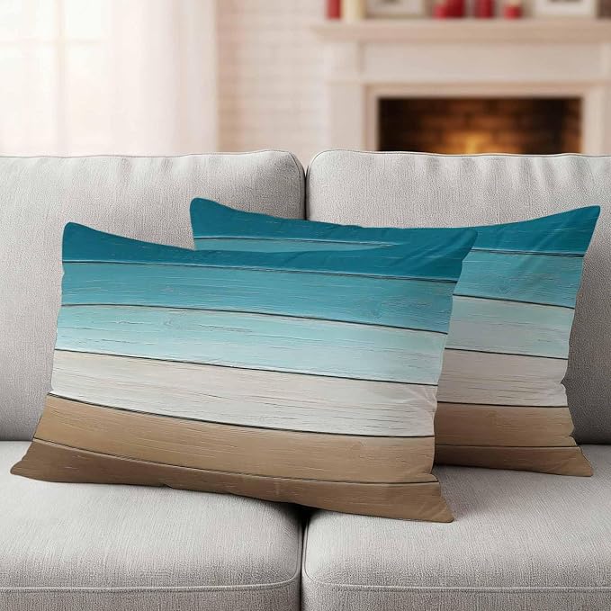 Turquoise Brown Outdoor Pillow Covers 20x12 Inch Lumbar Pillow Covers Set of 2 Waterproof Decorative Throw Pillow Cases Farmhouse Retro Wooden Grain Striped Cushion Covers for Patio Furniture Garden