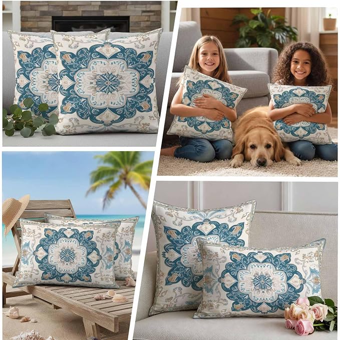 Boho Flowers Waterproof Outdoor Pillow Covers Set of 2 Home Decor, Country Neutral Chic Abstract Floral Art Pillowcase Patio Pillow Covers for Couch Bench Furniture Garden 20x12in