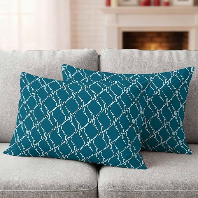Teal Blue Stripes Outdoor Pillow Covers 20x12 Inch Lumbar Pillow Covers Set of 2 Waterproof Decorative Throw Pillow Cases Simple Geometric Modern Monochrome Cushion Covers for Patio Furniture Garden