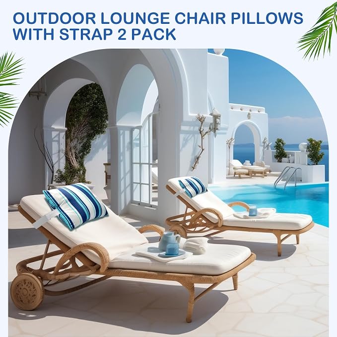 Lineshading 4 Pcs Chaise Lounge Pillow with Strap Outdoor Waterproof Pool Chair Neck Headrest Pillows with Adjustable Elastic Band for Beach Patio Chair Recliner(Blue,Stripe)