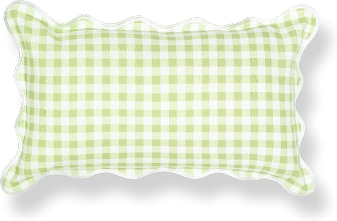 Hofdeco Premium Grandmillennial Coastal Hampton Patio Indoor Outdoor Lumbar Pillow Cover Only, 12"x20" Water Repellent for Backyard, Couch, Poolside, Grass Green Print Gingham