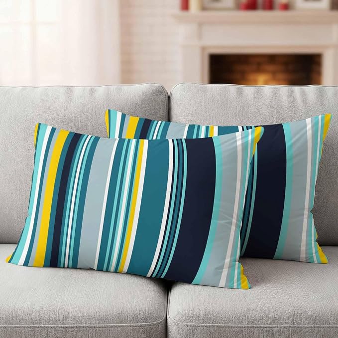 Teal Yellow Stripes Outdoor Pillow Covers Set of 2 Lines Art Waterproof Throw Pillow Cover Decorative Cushion Cases for Patio Porch Garden 20X12 Inch
