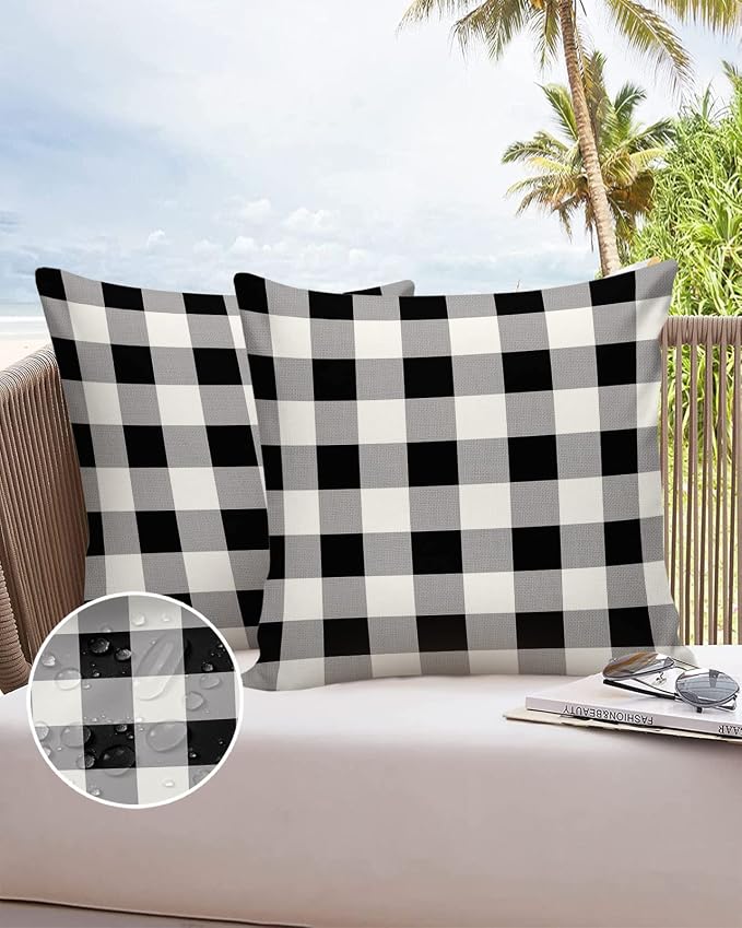 Outdoor Waterproof Pillow Covers for Patio Furniture Buffalo Check Decorative Throw Pillow Cover Black White Plaid Rustic Pillowcases Set of 2 Cushion Case for Sofa Couch Chair Home Decor 20 x 20 Inch