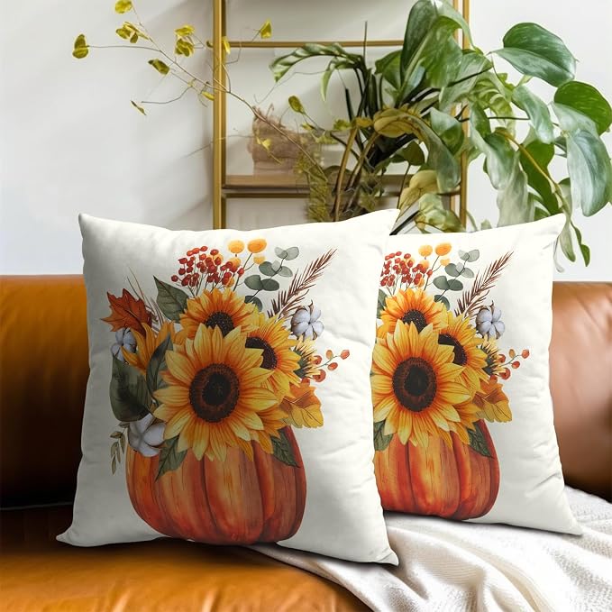 Fall Sunflower Pumpkin Pillow Cover Set of 2-22x22 Inch Autumn Flower Floral Harvest Seasonal Decorative Sofa Couch Cushion Case for Porch Patio Outdoor Indoor Home Decor