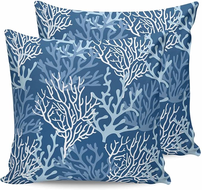 Pack of 2 Outdoor Pillow Covers 18x18 Waterproof Navy Blue Coral Throw Pillow Covers, Decorative Pillowcases Summer Coastal Beach Ocean Cushion Covers for Patio Garden Couch Pillow Case