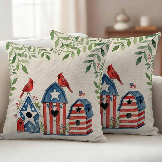 American Flag Bird House Outdoor Pillow Covers Waterproof, All Weather Cushion Case Set of 2, Green Eucalyptus Beige 250th Decorative Pillowcases for Sofa Couch Bed Decor Patio Furniture 18"x18"