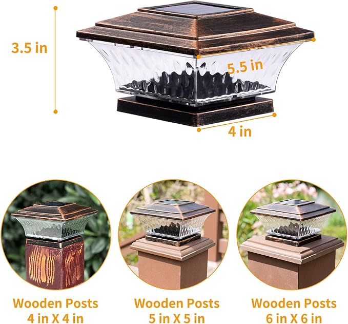 HUYIENO Solar Post Cap Lights Outdoor LED Lighting Deck Fence With Two Light Modes Warm White/Bright White Suitable for 4x4 Wooden Posts Brushed Copper 6PK