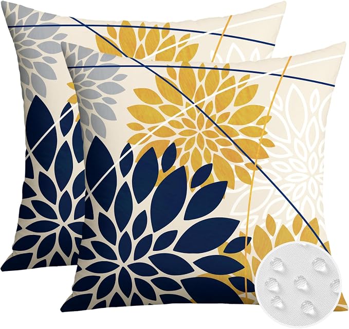 OTOSTAR Outdoor Dark Blue Yellow Pillow Covers 16x16 Inch Set of 2 Light Grey Flower Throw Pillows Geometric Dahlia Floral Square Cushion Case Waterproof Decor for Sofa Patio Funiture Garden