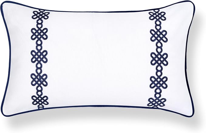 Hofdeco Premium Coastal Hampton Patio Indoor Outdoor Lumbar Pillow Cover Only, 12"x20" Water Repellent for Backyard, Couch, Poolside, Navy Blue Embroidered Chinoise Lucky Knots