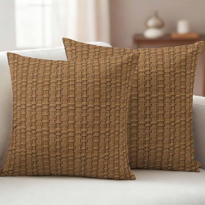 Vintage Rattan Waterproof Outdoor Pillow Covers 20''x20'' Set of 2, Minimalist Abstract Wicker Texture Brown Patio Furniture Cushion Covers for Chairs, Decorative Pillow Cases for Garden/Pool/Beach