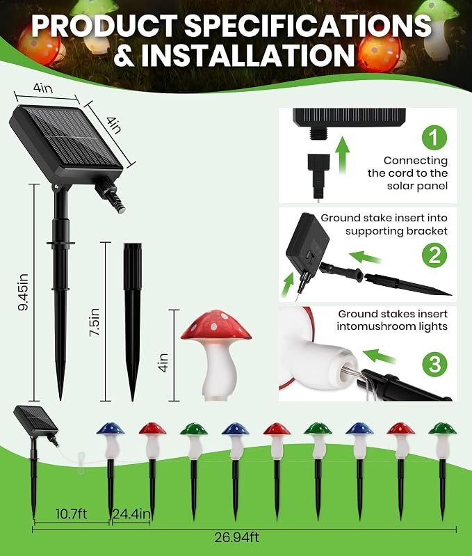 BITPOTT Solar Mushroom Lights Outdoor, 9 Pack 30FT Multicolor 8 Modes Solar Garden Lights, IP65 Waterproof Pathway Light Outdoor Decoration for Party, Garden, Yard, Patio, Lawn Decor (Multicolor)