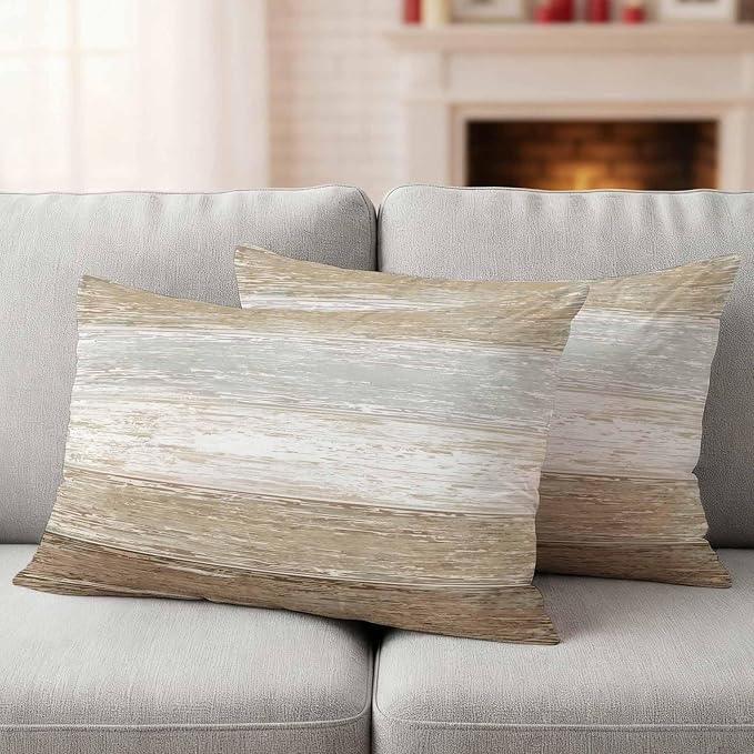 Outdoor Waterproof Throw Pillow Covers, Vintage Brown Grey Decorative Pillow Cases, Farmhouse Barn Wooden Striped Couch Pillow Protector Patio Sofa Cushion Covers Replacement 20"x12" 2 Pack