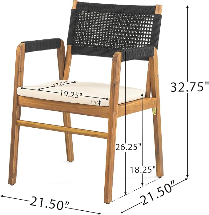 Christopher Knight Home Sky Acacia Wood Dining Table Set for 6, 7 Piece Patio Extendable Dining Table and Dining Chairs Set of 6 with Cushions & Rope Accents, Patio Furniture Set, Teak+Beige+Black