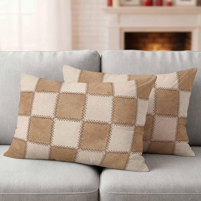 Brown Beige Checkered Outdoor Pillow Covers 20x12 Inch Lumbar Pillow Covers Set of 2 Waterproof Decorative Throw Pillow Cases Modern Farmhouse Plaid Burlap Cushion Covers for Patio Furniture Garden