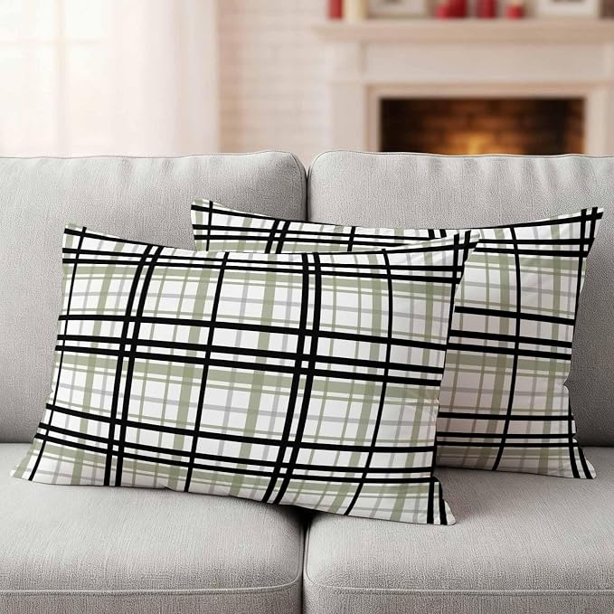 Abstract Stripes Outdoor Pillow Covers Set of 2 Sage Green Black Grey Plaid Waterproof Throw Pillow Cover Decorative Cushion Cases for Patio Porch Garden 20X12 Inch