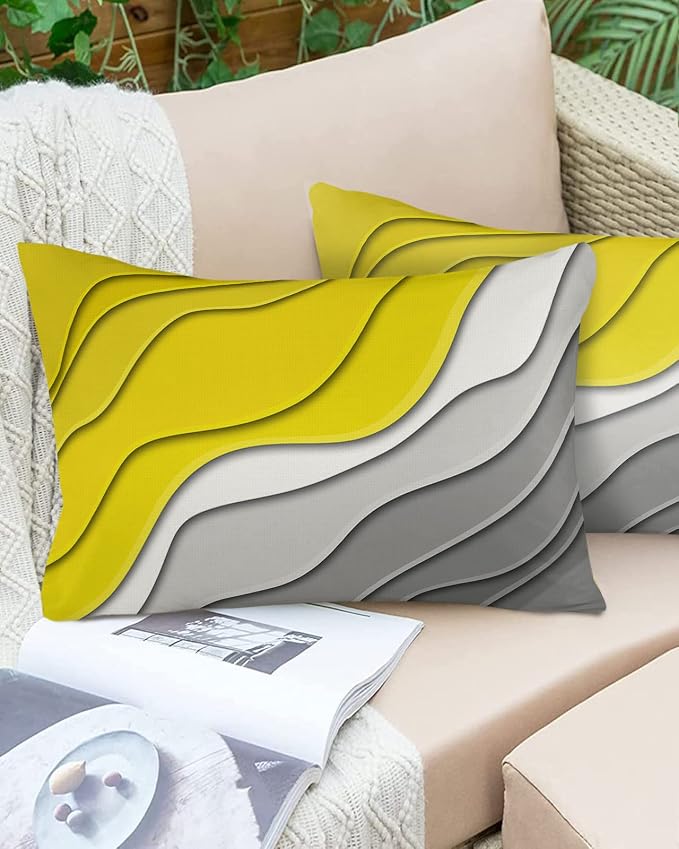 Modern Geometric Outdoor Waterproof Pillow Covers for Patio Furniture Yellow Decorative Throw Pillow Cover Abstract Beach Pillowcases Set of 2 Cushion Case for Sofa Couch Chair Home Decor 20 x 12 Inch