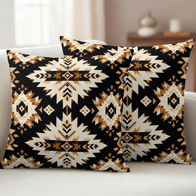 Southwestern Aztec Outdoor Pillow Covers 18x18 Inch Throw Pillow Covers Set of 2 Waterproof Decorative Pillow Cases Retro National Style Brown Abstract Cushion Covers for Patio Furniture Garden Couch