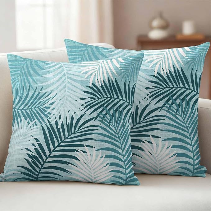 Outdoor Waterproof Throw Pillow Covers, Teal Palm Leaves Decorative Pillow Cases, Summer Botanical Tropical Leaf Couch Pillow Protector Patio Sofa Cushion Covers Replacement 18"x18" 2 Pack